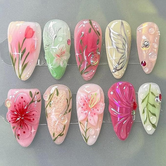 30Pcs Floral Press On Nails Short Almond Nails with Colorful Flower Butterfly Designs Hand-Painted Leaves Stick On Nails Multi-color French Tip Press Ons Handmade Elegant Set for Spring & Summer