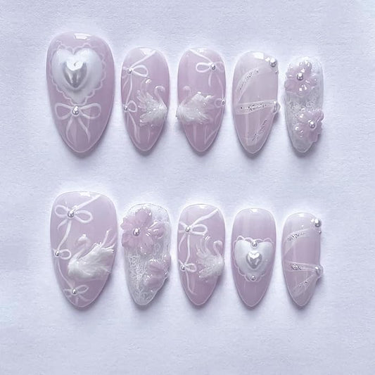 24Pcs Purple Press on Nails Medium Almond Fake Nails with 3D White Swan Designs Glue on Nails Full Cover Heart Bow Acrylic Nails Flower False Nails Lace Ribbon Stick on Nails for Women Nail Supplies