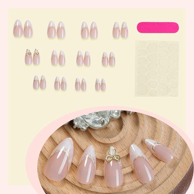 White French Tips Press on Nails 24Pcs Gold Bow Press ons Fingernails Curve Line Gel Glue on Acrylic Fake Nails Glossy Nude Medium Almond False Nail Gradient Stick on Nail for Holiday Manicure Art