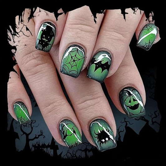 Green Press on Nails Halloween Fake Nails Short Square False Nails Black Spider Web Ghost Pumpkin with Hat Design Cute Gradient Stick on Nail for Women DIY Holiday Manicure Supplies