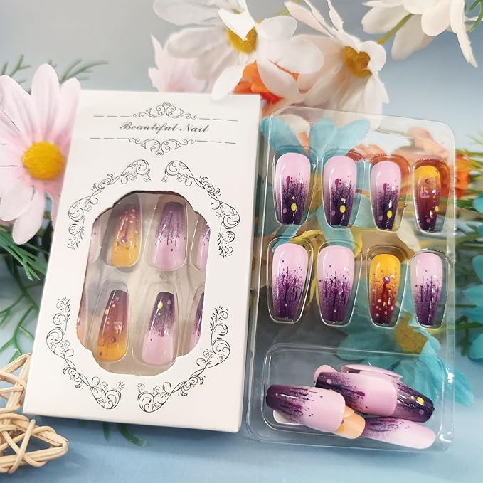 Graffiti Press on Nails French Tip Acrylic Full Cover Fake Nails 24Pcs Glossy Purple Gradient Medium Coffin False Nail Painted Stick on Nail Curve Line Gel Glue on Fingernails for Holiday Manicure Art