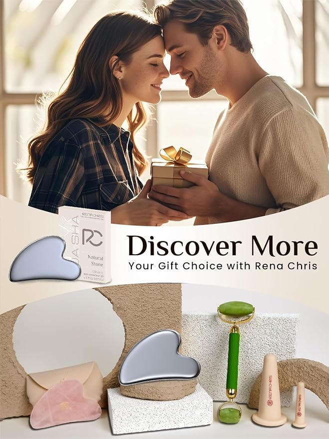 Rena Chris Gua Sha Facial Tools: Natural Terahertz Guasha Tool for Face Acupuncture Therapy, Facial Massager for Jawline Sculpting and Puffiness Reducing (Silver-Grey)