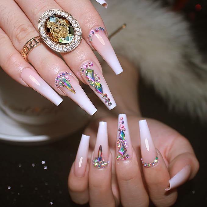 Yivaiks Ballerina Press-on Nails, 24pcs Glossy Acrylic Fake Nails with Glue, Extra Pink Long Coffin 3D Rhinestones Design for Women