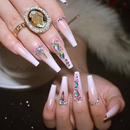 Yivaiks Ballerina Press-on Nails, 24pcs Glossy Acrylic Fake Nails with Glue, Extra Pink Long Coffin 3D Rhinestones Design for Women