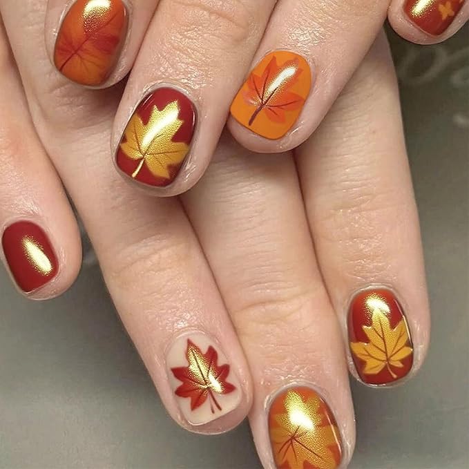 Fall Maple Leaf Press on Nails 24Pcs Red Maples Fake Nails Golden Autumn Leaves Stick on Nail Thanksgiving Artificial Nails Short Square Glossy Acrylic False Nails Gel Glue on Nail for Women