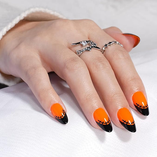 French Tip Press on Nails, Short Press on Nails Almond Reusable Glossy Soft Gel False Nails Orange Press ons for Women, 16 Sizes 32 Count Nails Kit with Glue (SV-09)