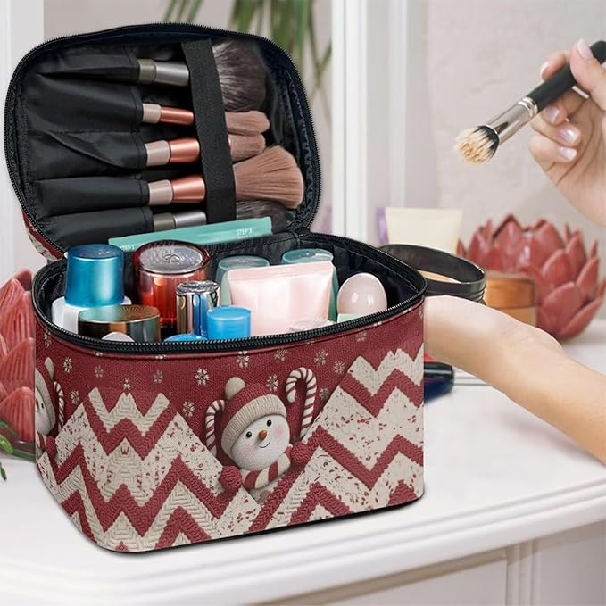 Snowman Chevron Print Travel Makeup Bags for Women Portable Tote Cosmetic Case with Carry Handle Toiletry Accessories Storage Organizer Bags for Christmas, Red