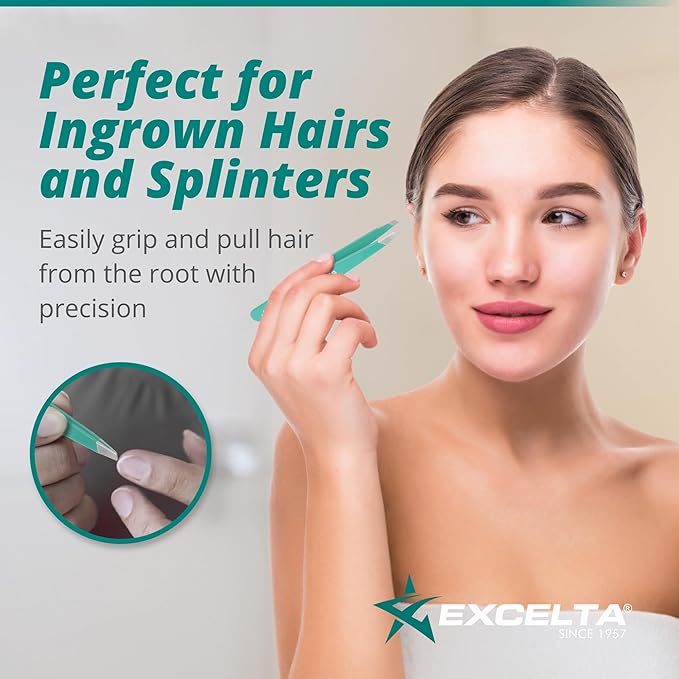 Excelta Eyebrow Tweezers, Precision Aligned Slant Tip, Ergonomic Design for Comfort and Control, Ideal for Plucking Ingrown Hairs and Splinters From the Root, Durable & Sturdy Carbon Steel, Swiss Made