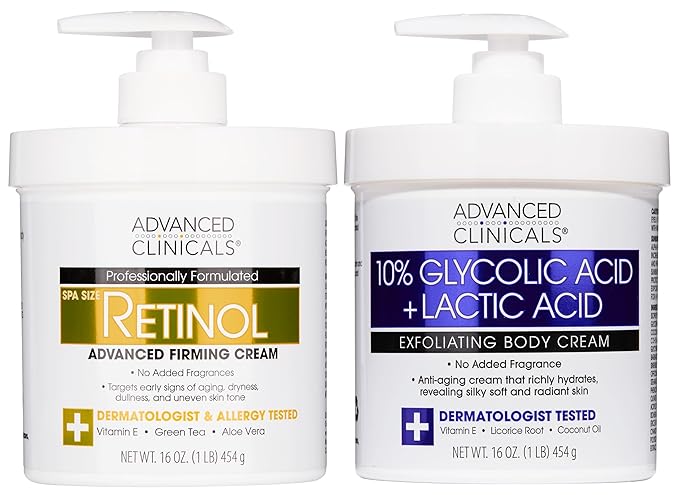 Advanced Clinicals Retinol Body Cream Moisturizer + Exfoliating 10% Glycolic Acid & Lactic Acid Lotion 2PC Skincare Set For Women & Men To Reduce Appearance Of Crepey Skin & Uneven Rough Skin Texture