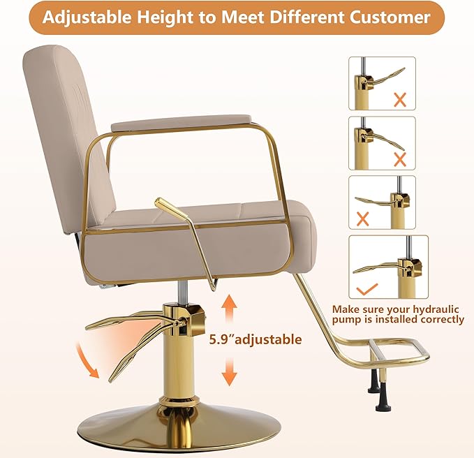 Barber Salon Chair for Hair Sylist, Hydraulic Salon Chairs, Height Adjustable Barber Chairs, Reclining Barber Styling Chairs, 360 Degrees Rotation Shampoo Chair for Barbershop (Grey-Golden)