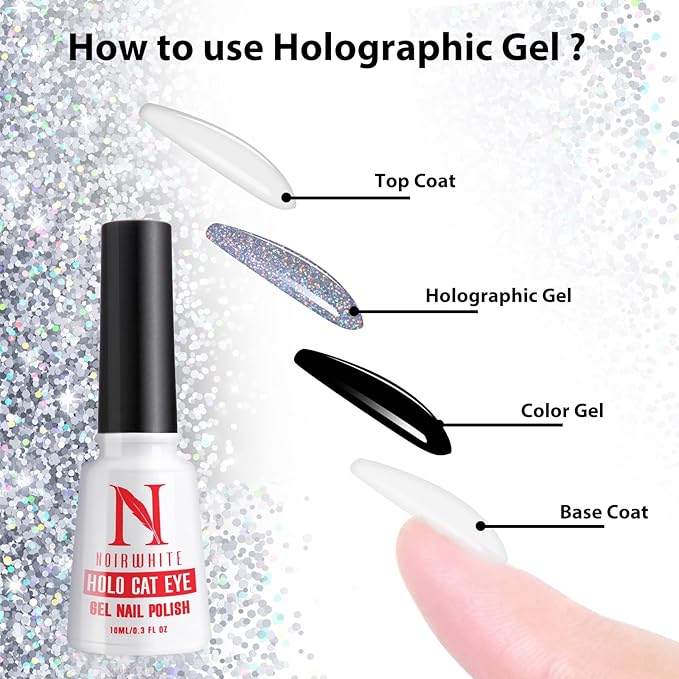 Cat Eye Gel Nail Polish 10ml 1pcs, Holographic Glitter Rainbow Cat Eye Gel Polish with 1Pcs Magnetic Stick for Nail Art Design Soak Off UV LED Magnetic Nail Polish Cat Eye Effect