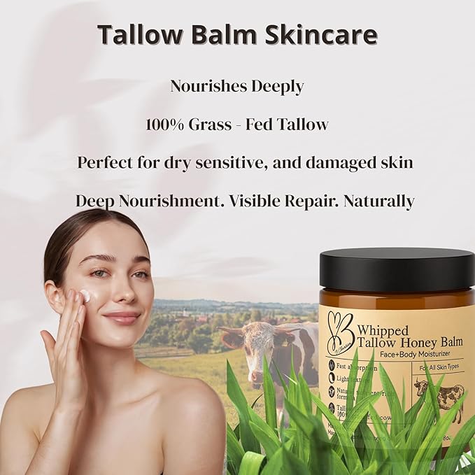 Beef Tallow for Skin- Tallow Balm for face- Tallow Face Moisturizer - Beef Tallow Moisturizer- Tallow and Honey Balm - Grass Fed Beef Tallow For Skin - Tallow Face Cream Lotion (8.0 oz)