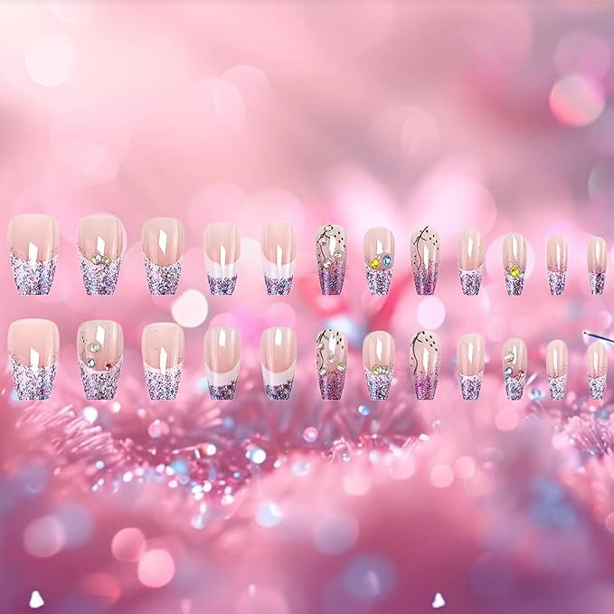 24Pcs French Tips Press on Nails Glossy Purple Glitter Medium Coffin False Nail Rhinestones Acrylic Full Cover Fake Nails Curve Gel Glue on Fingernails Sequin Stick on Nail for Holiday Manicure Art