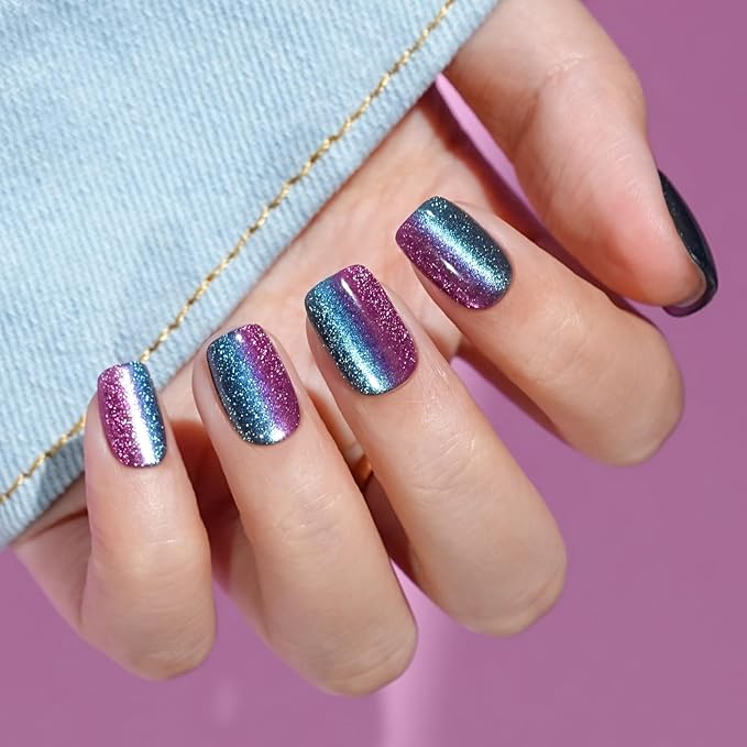 Press on Nails Short, Jofay Fashion Fake Nails, Two-color Ombre Cat Eye Press on Nails, Summer Acrylic False Nails, Reusable Stick on Nails for Women Girls, Glue on Nails Kit 32 Pcs, Amethyst Aurora