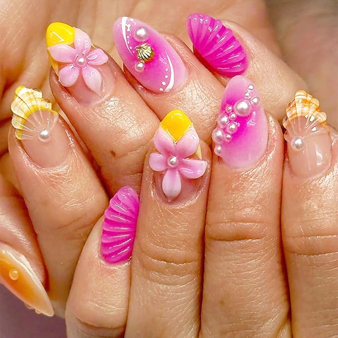 24 Pcs Pink Flower Press on Nails Medium Almond Fake Nails with 3D Shell Pearl Designs French Tip False Nails Kit Summer Beach Nails Floral Full Cover Acrylic Nail Tips Stick on Nails for Women