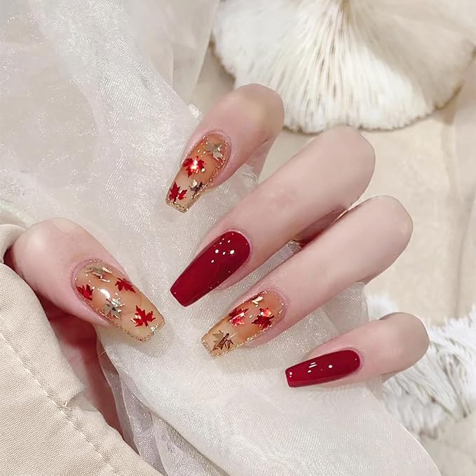 24Pcs Fall Press on Nails Long Coffin Fake Nails Glitter Maple Leaves Full Cover False Nail Thanksgiving Glue on Nails Maple Leaf Acrylic Nail Red Brown Autumn Artificial Stick on Nail for Women