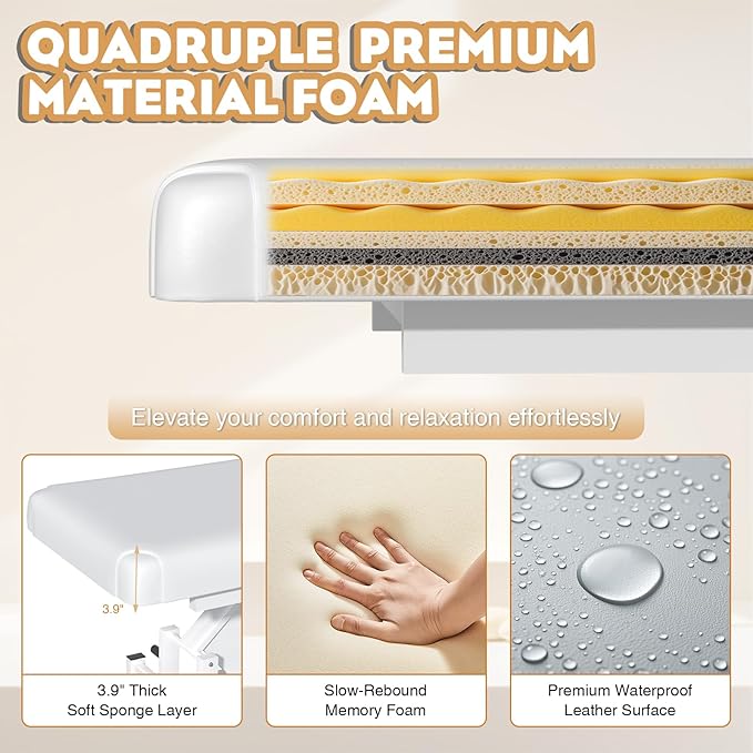 Electric Lift Massage Physical Therapy Table with Adjustable Backrest, Lockable Wheels, 4'' Think Premium Foam, 1500Lbs Capacity Professional Electric Massage Bed Commercial Home Use, White