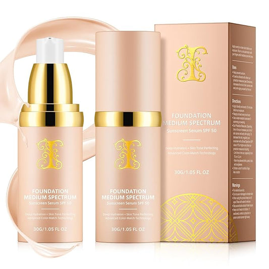 2PCS Foundation 4 in 1, Medium Spectrum with SPF 50+, Longwearing & Waterproof, Hydrating Color Changing Foundation, Non-Greasy,Long Lasting, Great for all skin types, 30ml