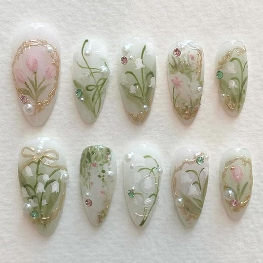 Green Press on Nails Medium Almond Fake Nails with 3D Pearl Rhinestones Designs Gold French Tips Flower Acrylic Nails False Nails White Floral Full Cover Glossy Stick on Nails for Women 24Pcs