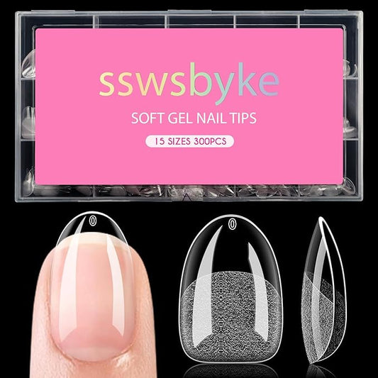 Short Oval Round Nail Tips, SSWSBYKE 300pcs Gel Acrylic Nail Tips for Full Cover Pre-Shaped Fake Nails Tips Half Matte Press On Nails for Extension Home DIY Salon 15 Sizes