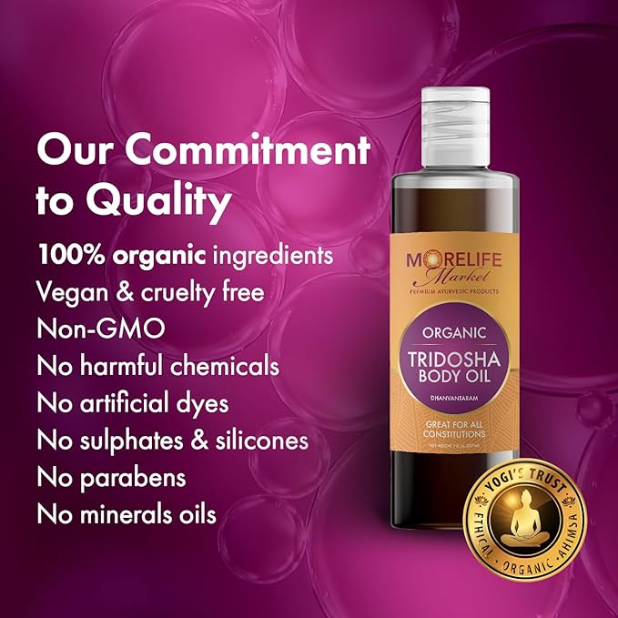 Tri-Dosha Body Oil (Dhanwantram Oil) | Premium Ayurvedic Massage Oil with 45+ Organic Herbs for Vata, Pitta & Kapha Balance | Herbal Wellness Ritual & Skin Radiance – 7 oz Bottle