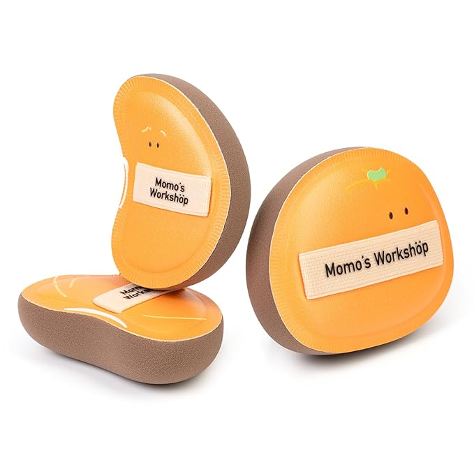 Momo's Workshop Orange Makeup Sponge Set (3pcs) – Large Soft Bounce & Small Firm Bounce PU Leather Puff, Halloween Makeup Sponge for Liquid & Cream Makeup & Storage Case