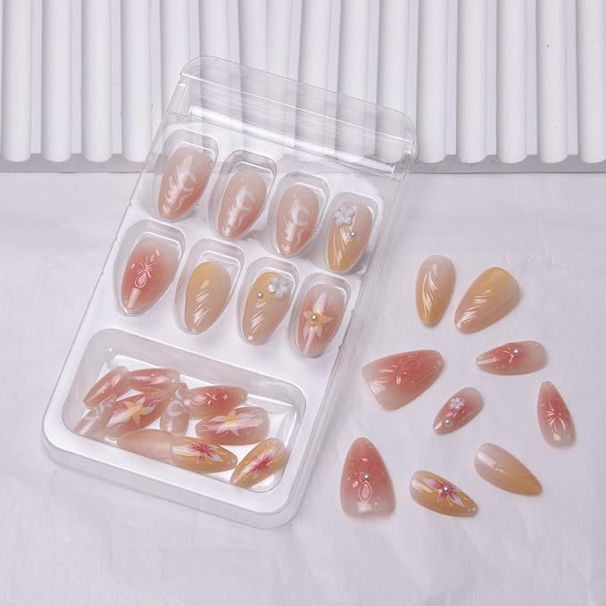 Press on Nails Short Almond Fake Nails 3D Flowers Acrylic Nails Glossy Floral False Nails with Chrome Artificial Nails Full Cover Soft Gel Glue on Nails for Women Girls Manicure Art Decoration