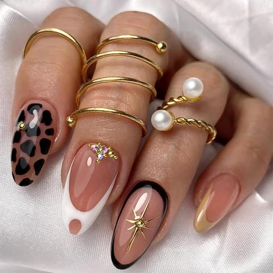 24Pcs French Tip Press on Nails Medium Almond Fake Nails with 3D Rhinestones Designs Fall False Nails Artificial Star Gems Glue on Nail Leopard Print Full Cover French Acrylic Nails for Women