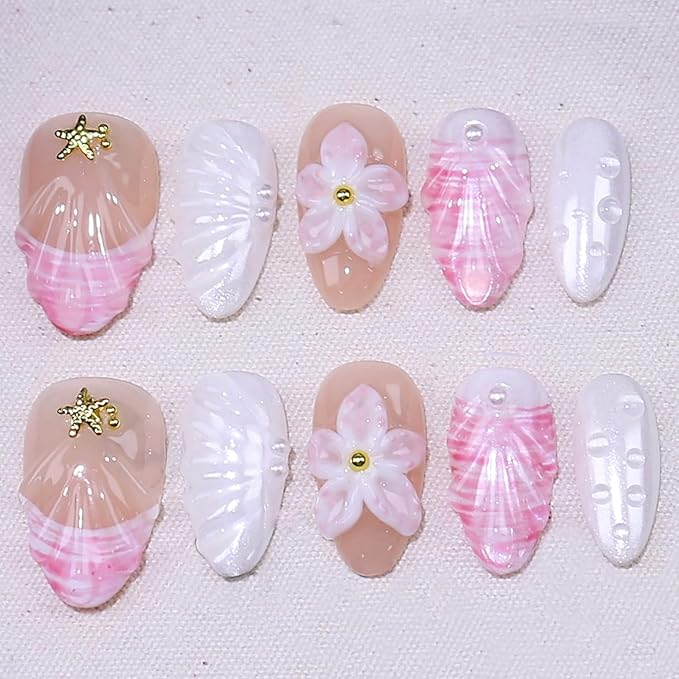 10Pcs Summer Flower Press on Nails Short Almond Fake Nails Gold Shell Starfish Rhinestones Designs Full Cover Artificial Reusable Cute Handmade False Nails for Women Girls Acrylic Nails Accessories