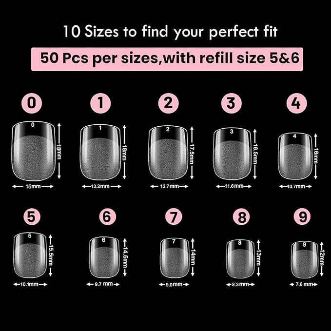 Extra Short Square Nail Tips, SINOKAME Wider Fit Short Square Fake Nails Clear Press on Nails,Pre-etched Soak Off Nail Extension DIY Nail Salons,600 Pcs 10 Sizes with Refill Sizes 5 &6