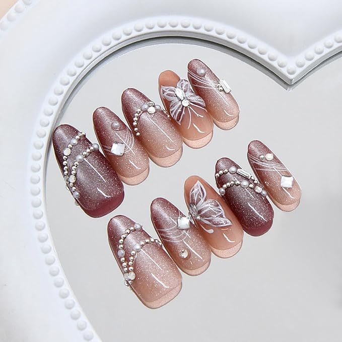 30Pcs Brown Press on Nails Medium Almond Fake Nails with Pearl Rhinestones Designs Butterfly Acrylic Nails Glitter Glue on Nails Full Cover Fall False Nails French Tip Stick on Nails for Women