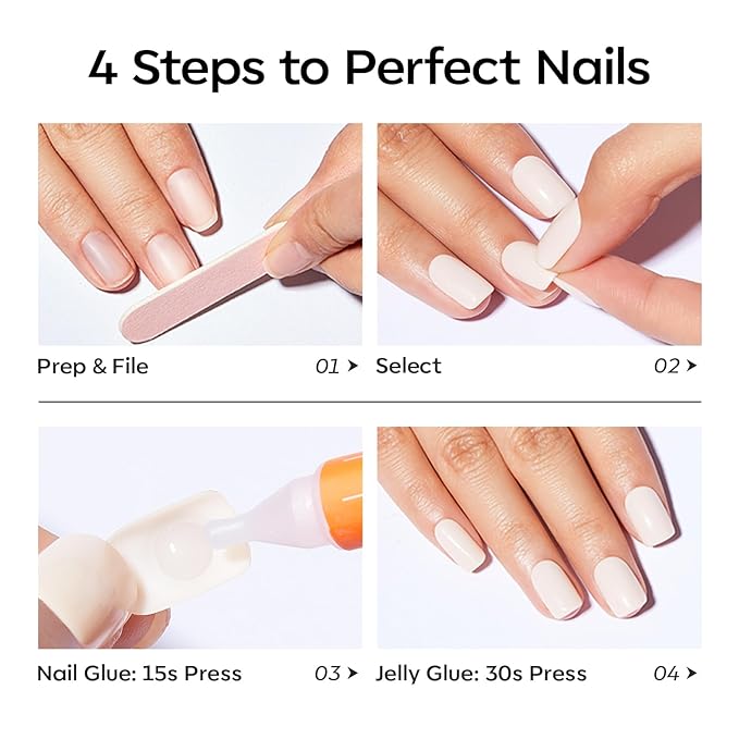 Modelones Milky White Press on Nails, Christmas Short Square Fake Nails, Reusable Nail Kit with Nail Glue Adhesive Tabs Mini Nail File, Nails Press Ons 32Pcs16 Sizes, Women Girl Gift