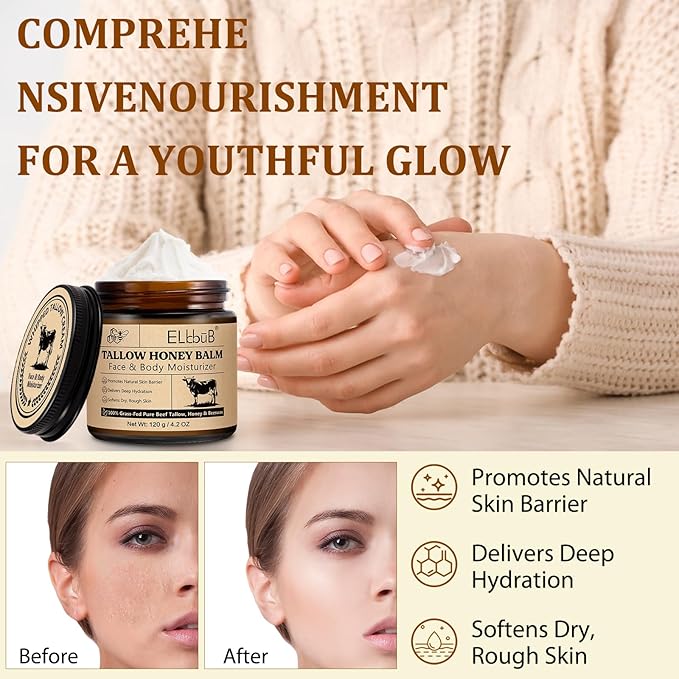 Whipped Tallow Cream for Face & Body - 100% Grass-Fed Beef Tallow, Natural Honey & Beeswax Moisturizer, Deep Hydration & Nourishment, Oil-Free & Unscented, Fast Absorbing