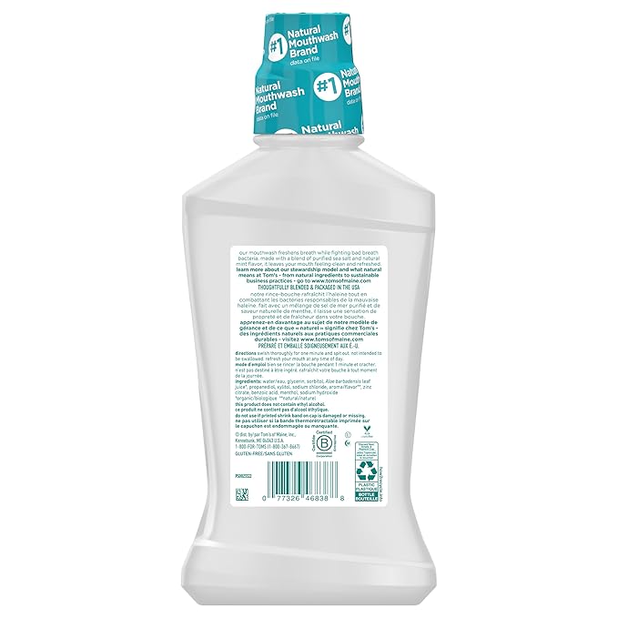 Tom's of Maine Sea Salt Natural Alcohol-Free Mouthwash, Refreshing Mint, 16 Fl Oz (Pack of 3)