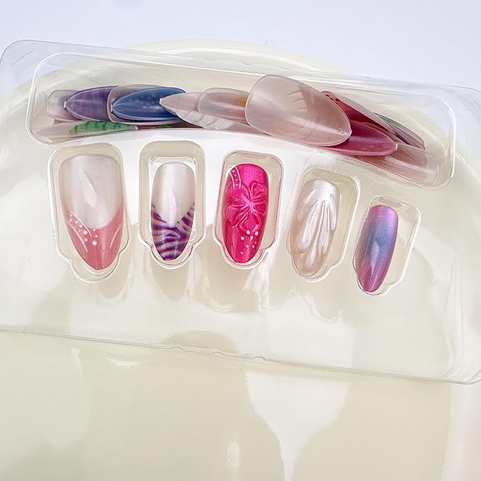 30Pcs Colorful Summer Press on Nails Medium Almond Fake Nails with 3D Shell Design Pink White Purple French Tip False Nails Y2K Blush Glitter Full Cover Glossy Stick on Nails for Women Decor