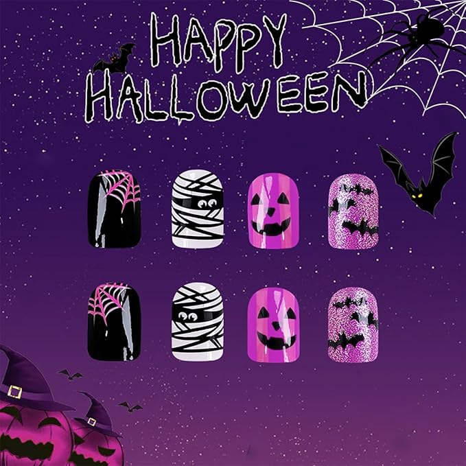 Halloween Press on Nails Purple Fake Nails Short Square False Nails Black Bat Ghost Spider Web Design Flash Glitter Glue on Nail Cute Full Cover Acrylic Stick on Nail for Women Manicure Supplies