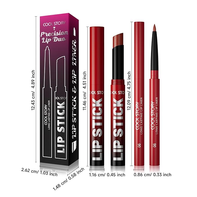 COOL STORY 2 Piece Lip Liner and Lipstick Set, Long Lasting Formula, Professional Makeup Kit (06)