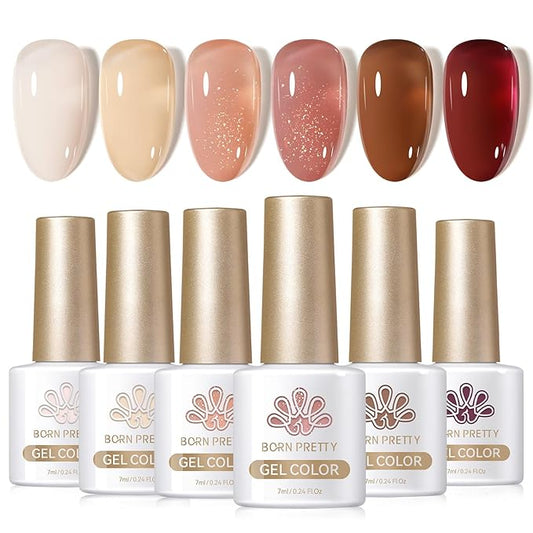 Born Pretty Jelly Gel Nail Polish Fall Winter Brown Nude Dark Wine Red Sheer Gel Nail Polish, Crystal Transparent Gel Polish Nail Art Manicure DIY Salon and Home 7ML 6PCS