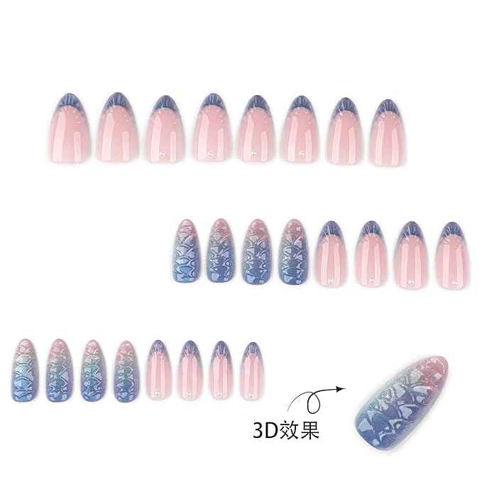 3D French Tips Pearl Blue Press On Nails Almond Medium Length, Mermaid Iridescent Designer Reusable Acrylic Nails Press Ons, Fake Nails With Glue On, Daily Wear False Nails For Women