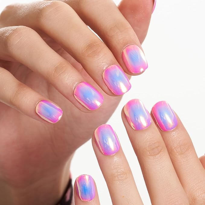 GLAMERMAID Extra Short Press on Nails 24PCS, Pink Blue Aurora Chrome Fall Gel Glue on Nails, Glossy Round Reusable UV Finish Fake Nails Acrylic False Nails Manicure Kits for Women