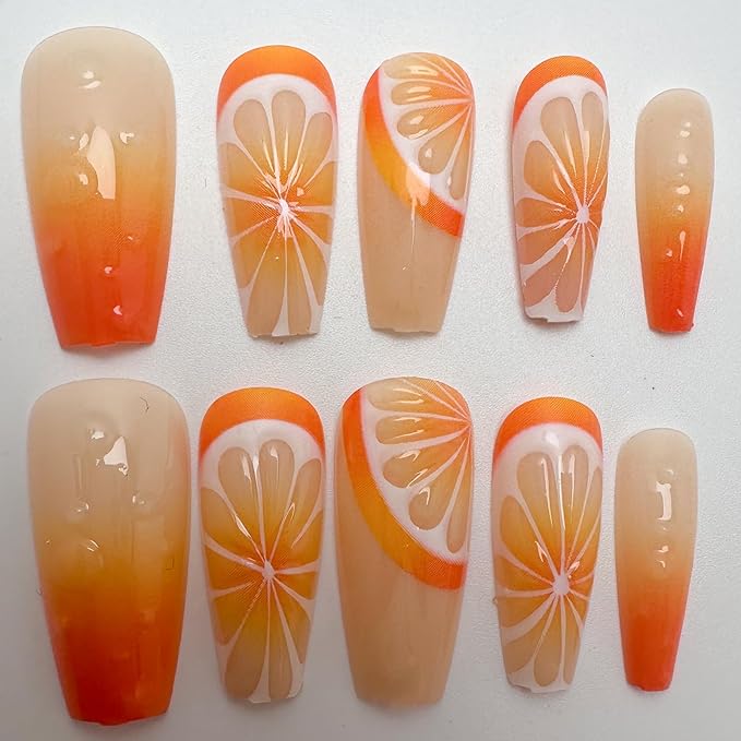24Pcs Summer Fruit Press on Nails Medium Square Coffin Fake Nails with 3D Orange Water Drop Design Orange Gradient French Tip False Acrylic Nails Summer Full Cover Glue on Nails for Women