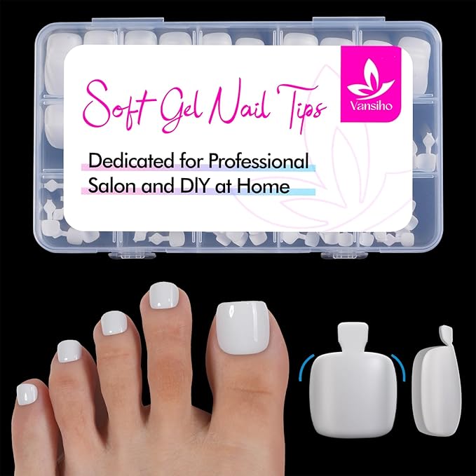 Vansiho 150 pcs French Tip Toe Nail Tips Press on, White Toenail Press on Square for Women, Soft Gel Fake Toe Nails, Acrylic Nails Soak off Toe Nail Home DIY 15 Sizes