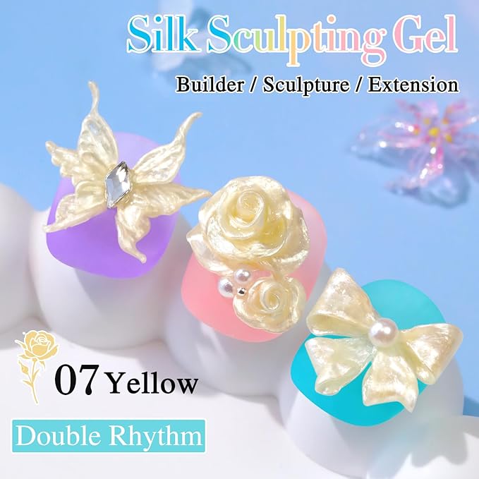 Double Rhythm 3D Nail Gel Pearl Solid Sculpting for Nail Art Non-Sticky Hard for Building Carving Molding Extension Soak Off UV/LED Nail Art Salon Home DIY 0.5 Oz (Yellow-Silk 07)