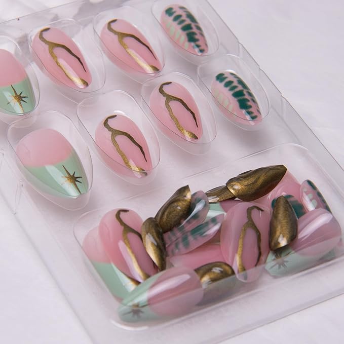 Almond Press on Nails Medium Length Fake Nails Green French Tip False Nails Gel Glue on Nails 3D Gold Curve Line Acrylic Nails Star Stick on Nails for Coquette Women Girls Manicure 24Pcs