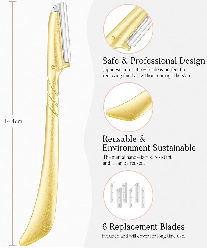 ennva Eyebrow Razor for Women - Eyebrow Trimmer Dermaplaning Tool- Ergonomic Eyebrow Shaper and Facial Razor for Peach Fuzz-Exfoliating Face Razor for Eyebrows-Eye Brow Shaver Razors w/ 7 Blades- Gold