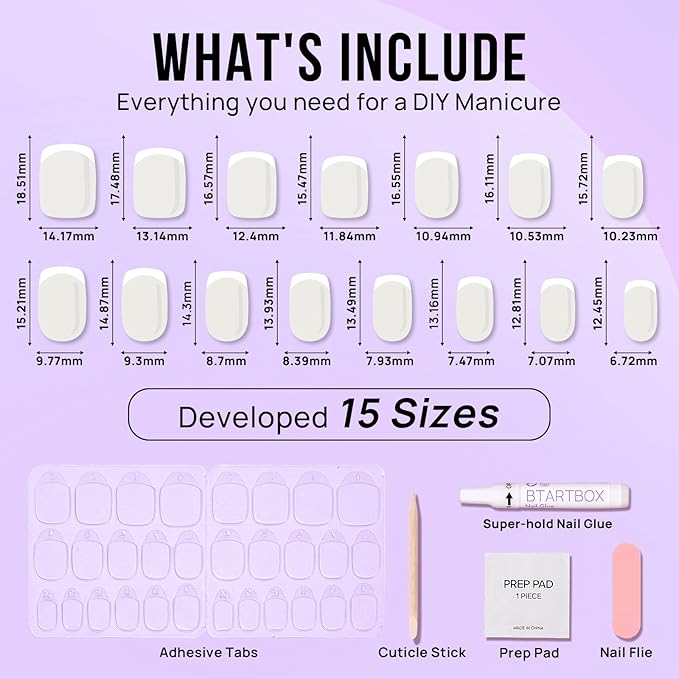 BTArtbox Press On Nails - White French Tip Press on Nails Square, Glue On Nails for Wedding Gift, Supremely Fit & Natural Stick On Nails in 15 Sizes - 30 Fake Nails Kit, Classic French