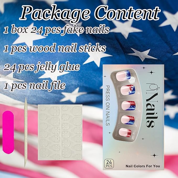 24Pcs Independence Day Nails French Tip Press on Nails Short Square Fake Nails Glitter Nails Tip Acrylic Nails 4th of July False Nails Patriotic Glue on Nails Star Artificial Nail for Holiday Manicure