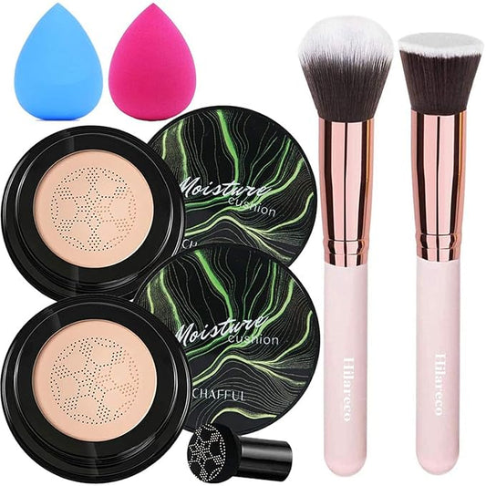 2 PCS Mushroom Head Air Cushion CC Cream Nature Foundation,Foundation Brush Powder Brush,Moisturizing Concealer, Bright Makeup Base Long Lasting with Mushroom Makeup Sponge (2PCS #01 Ivory)