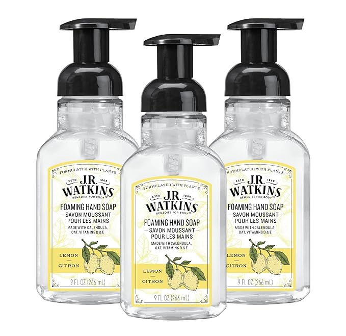 J.R. Watkins Foaming Hand Soap with Pump Dispenser, Moisturizing Foam Hand Wash, Alcohol-Free, Cruelty-Free, Lemon, 9 fl oz, 3 Pack