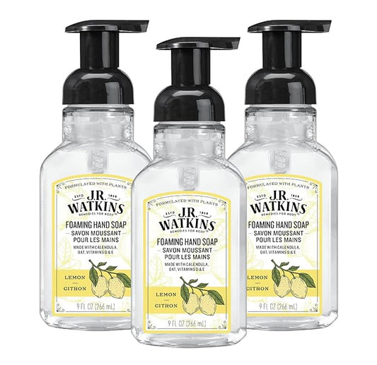 J.R. Watkins Foaming Hand Soap with Pump Dispenser, Moisturizing Foam Hand Wash, Alcohol-Free, Cruelty-Free, Lemon, 9 fl oz, 3 Pack